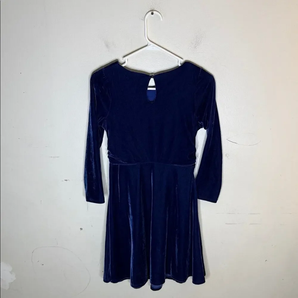 Ava & Yelly Elegant Blue Velvet A Line Tie Waist Long Sleeve Dress Size 14